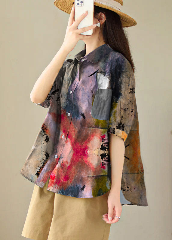 Navy Peter Pan Collar Print Cotton Shirt Tops Summer