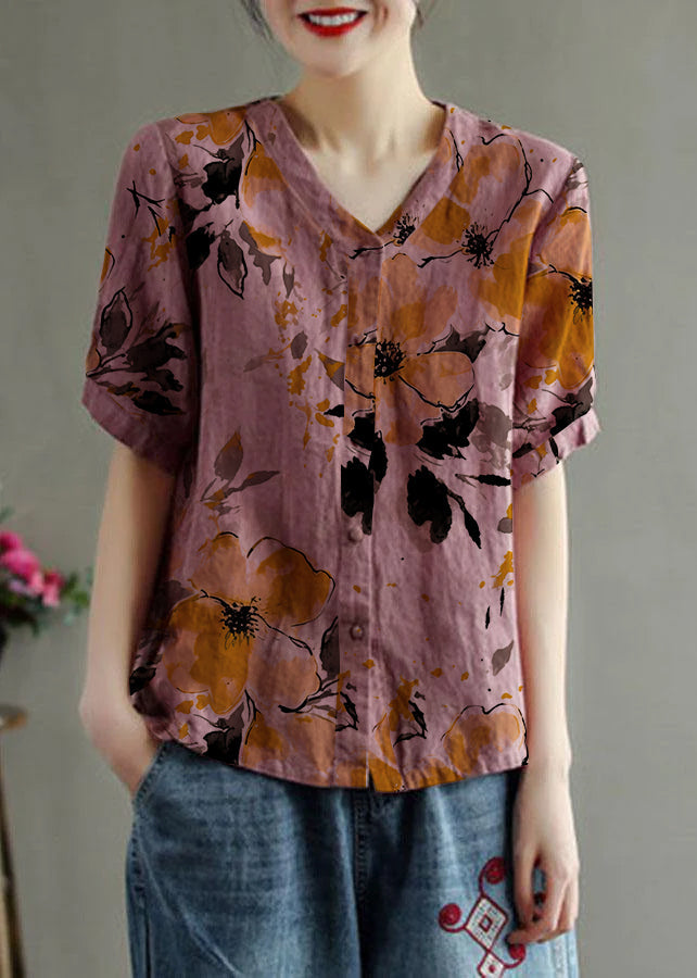Loose Pink V Neck Embroidered Summer Cotton Blend Shirt