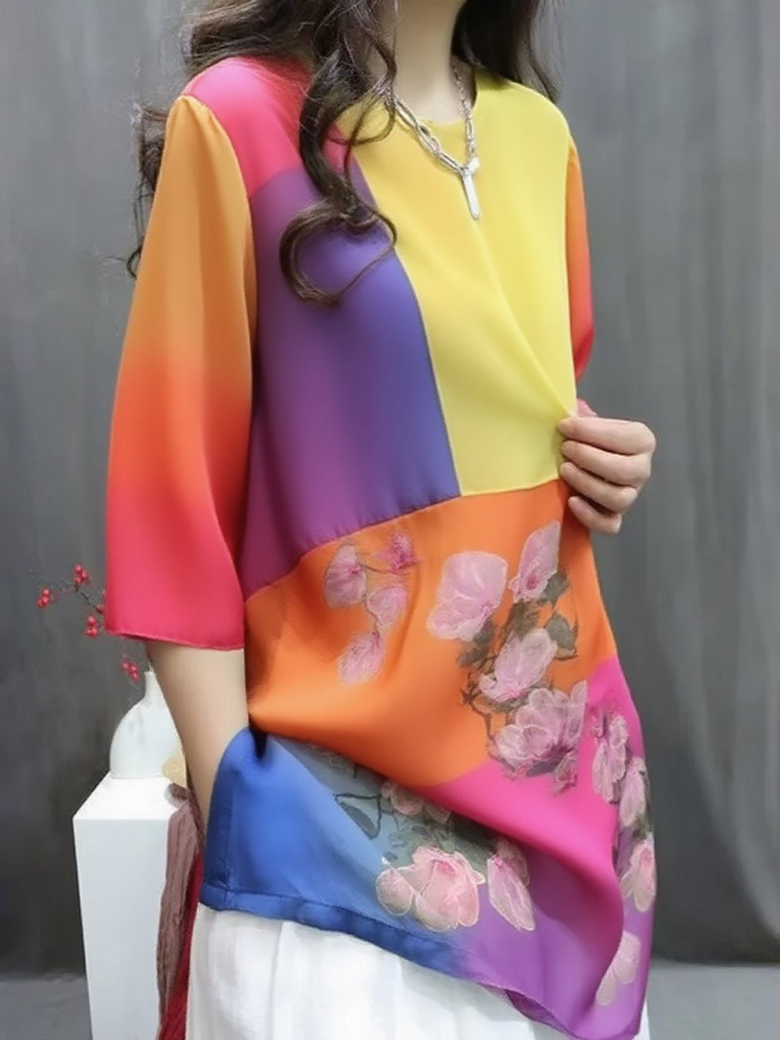 Handmade Colored Flowers O-Neck Print Button Top Summer