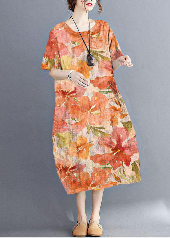 Stylish White Flowers O Neck Plaid Maxi Dresses Cotton Linen Summer