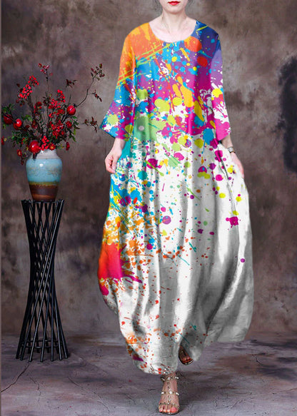 Blue O-neck Print Silk Long Dress Bracelet Sleeve