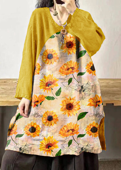 Yellow Sunflower V Neck Embroidered Patchwork Linen Mid Dresses Fall