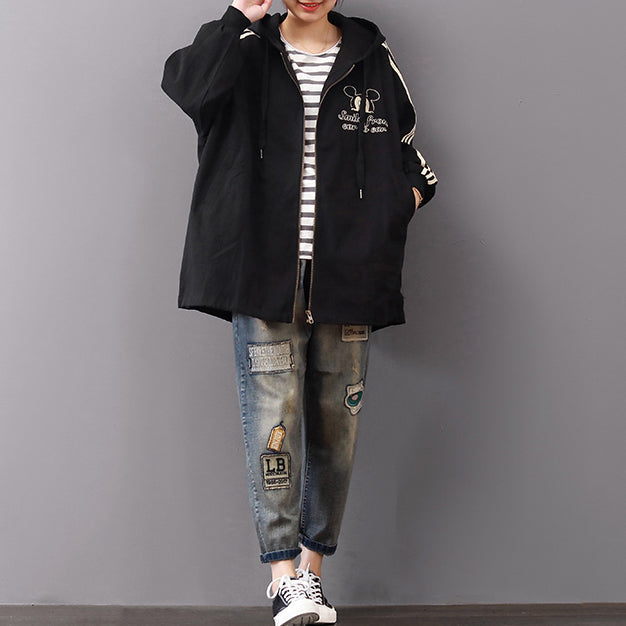 Dark Black Coats Hooded Cardigans Zippered Jackets & Coats