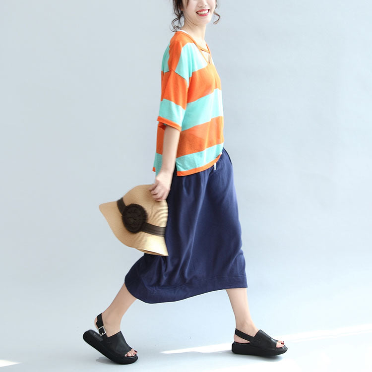 Dark Blue Knitting Cotton Skirts Elastic Waist Beach Skirts