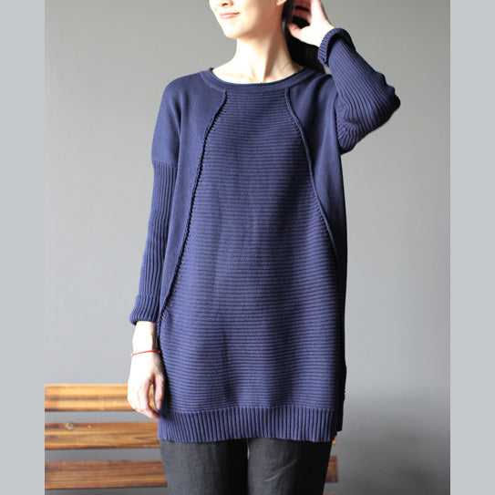 Dark Blue New Cotton Sweater Tops Fit Mid Long Knit Pullover