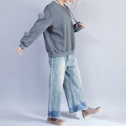 Dark Gray Thick Knit Tops Oversize Fine Pullover Sweater