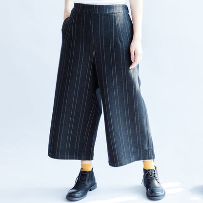Dark Gray Woolen Cotton Pants Striped Wide Leg Pants