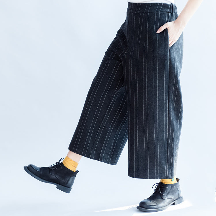 Dark Gray Woolen Cotton Pants Striped Wide Leg Pants