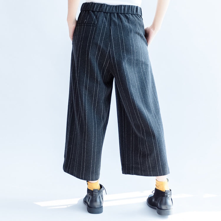 Dark Gray Woolen Cotton Pants Striped Wide Leg Pants