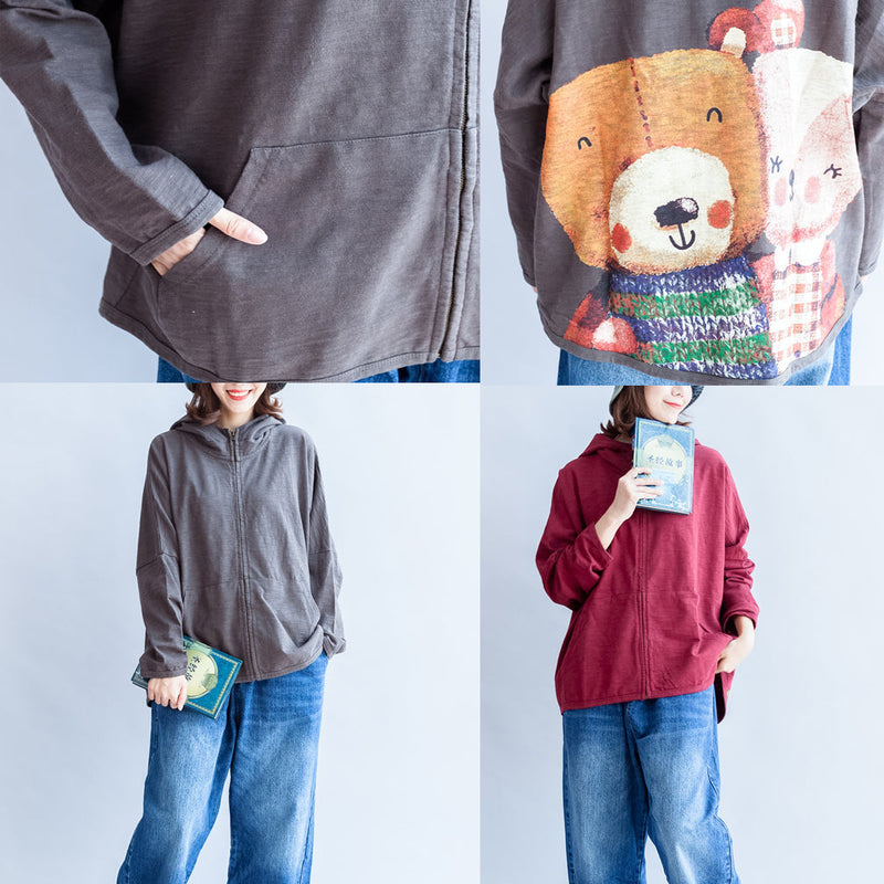 Dark Gray Zippered Cotton Tops Hooded Back Prints Batwing Sleeve Short Coats