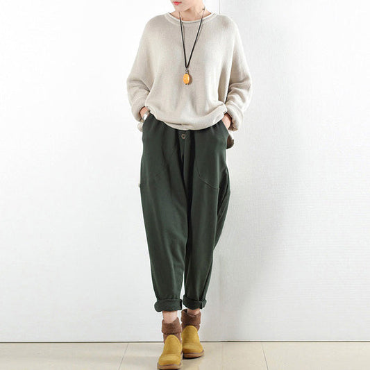 Dark Green Warm Cotton Winter Pants Oversized Pants