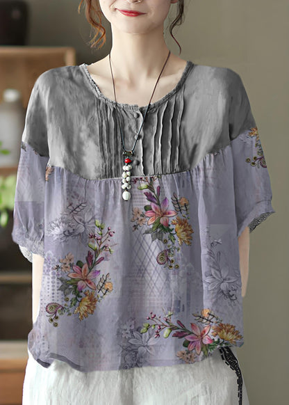Purple Flowers Grey Button Linen Tops Half Sleeve