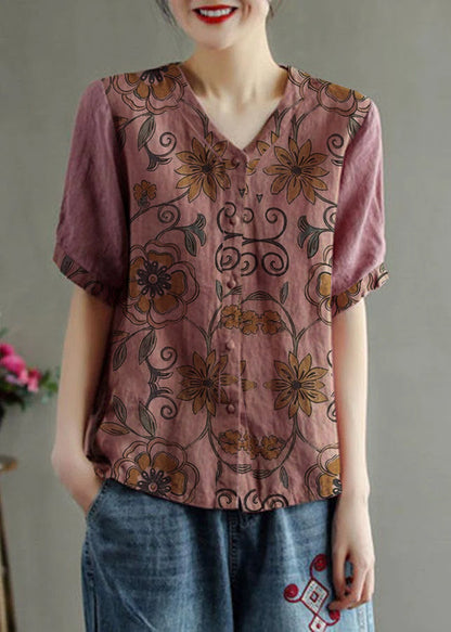 Loose Pink V Neck Embroidered Summer Cotton Blend Shirt