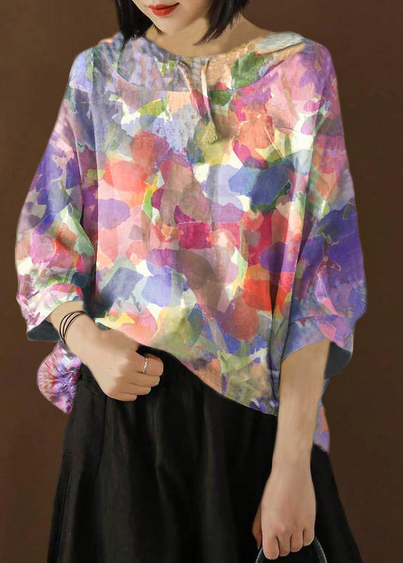 Unique Blouse Indian Linen Summer Literary Purple Flowers Hooded Three Quarter Sleeve T-shirt