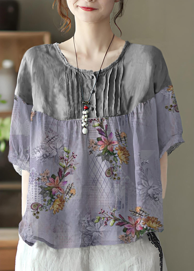 Khaki Feathers Grey Button Linen Tops Half Sleeve