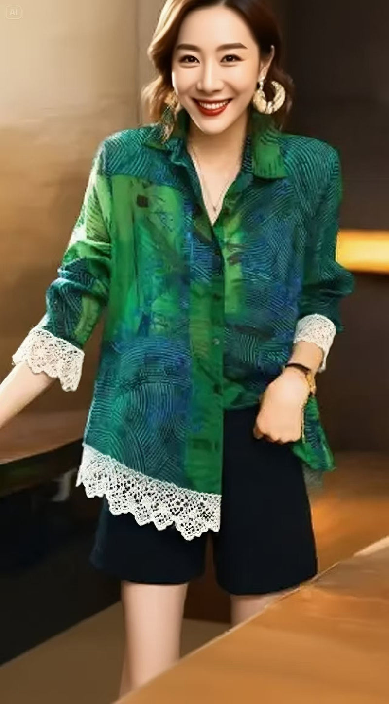 Green Peter Pan Collar Print Patchwork Cotton Shirts Long Sleeve