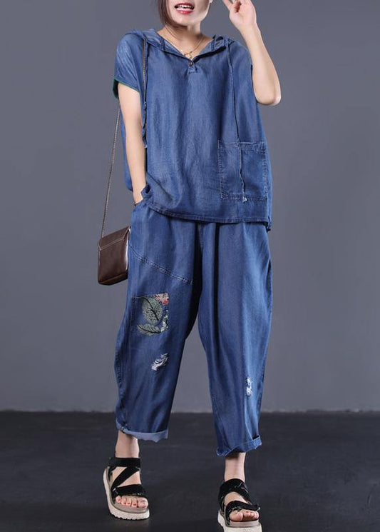 Denim Blue Cotton Two Pieces Hooded Short Sleeve Tops and Patchwork Pants