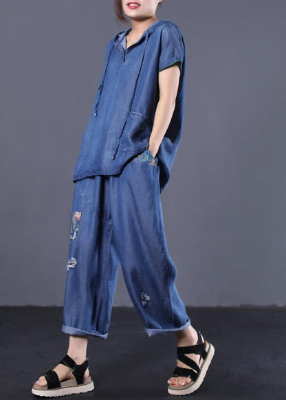 Denim Blue Cotton Two Pieces Hooded Short Sleeve Tops and Patchwork Pants