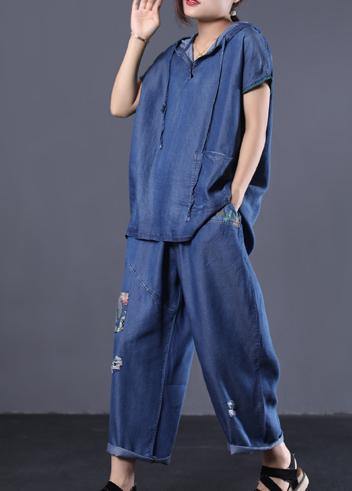 Denim Blue Cotton Two Pieces Hooded Short Sleeve Tops and Patchwork Pants