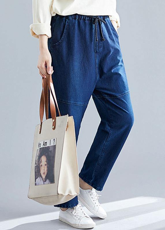 Denim Blue Pants Elastic Waist Patchwork Trousers