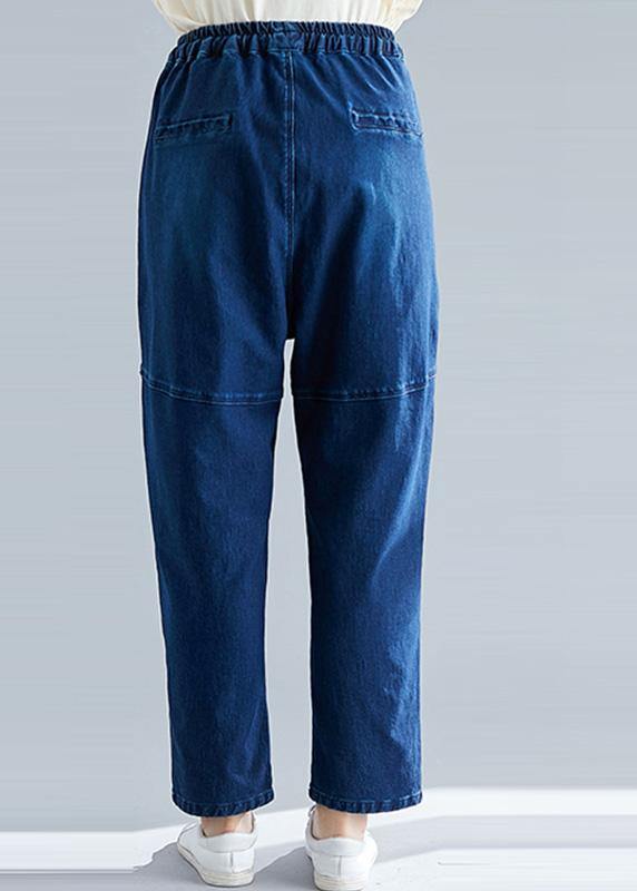 Denim Blue Pants Elastic Waist Patchwork Trousers