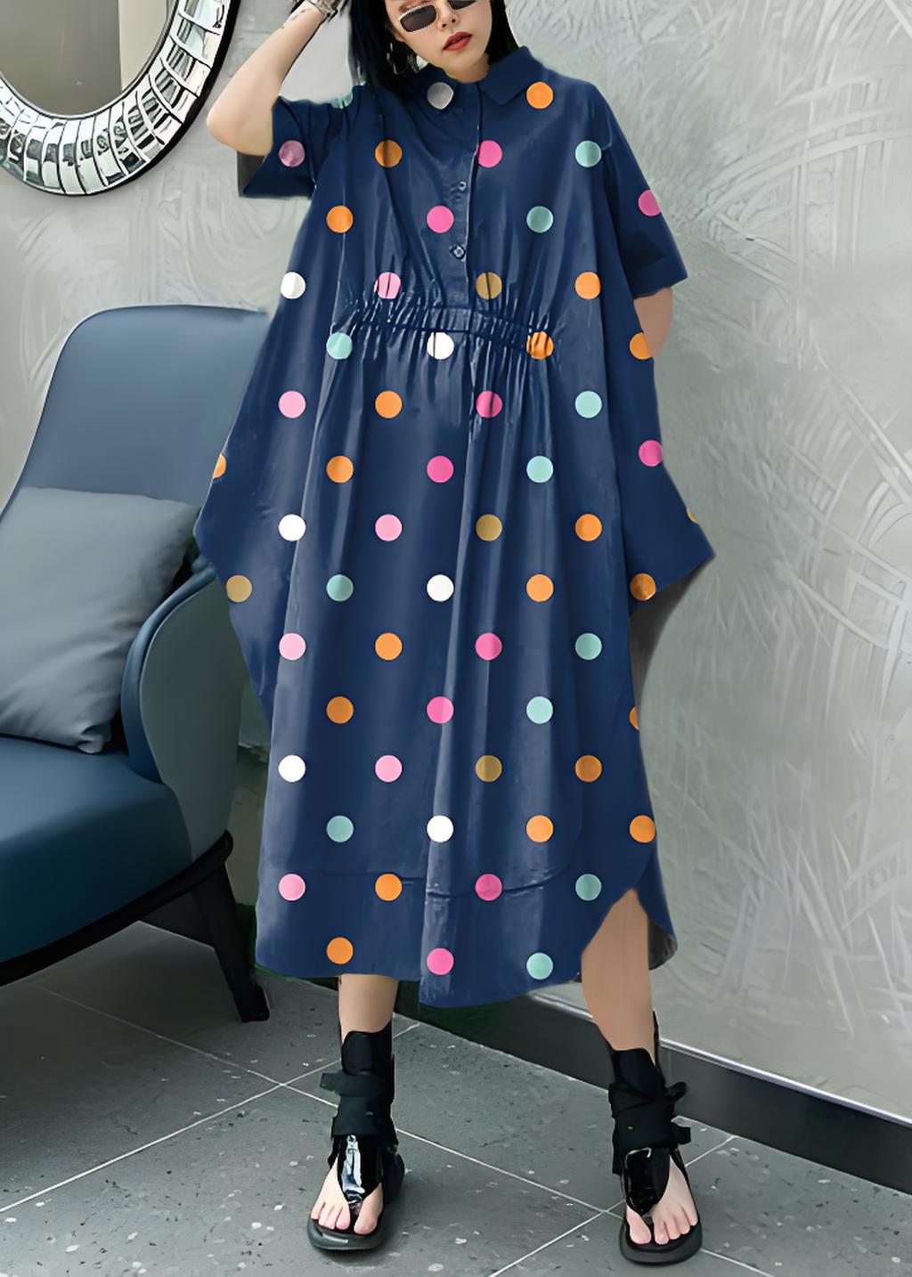 Diy Blue Geometry Cotton Clothes Lapel Asymmetric Kaftan Dress