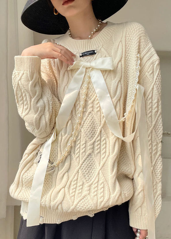 Diy Apricot Bow Hole Knit Sweaters Spring