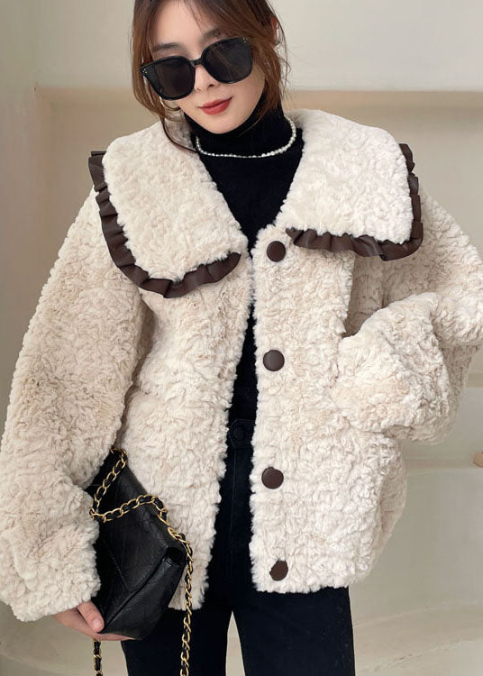 Diy Apricot Peter Pan Collar Button Faux Fur Winter Coat