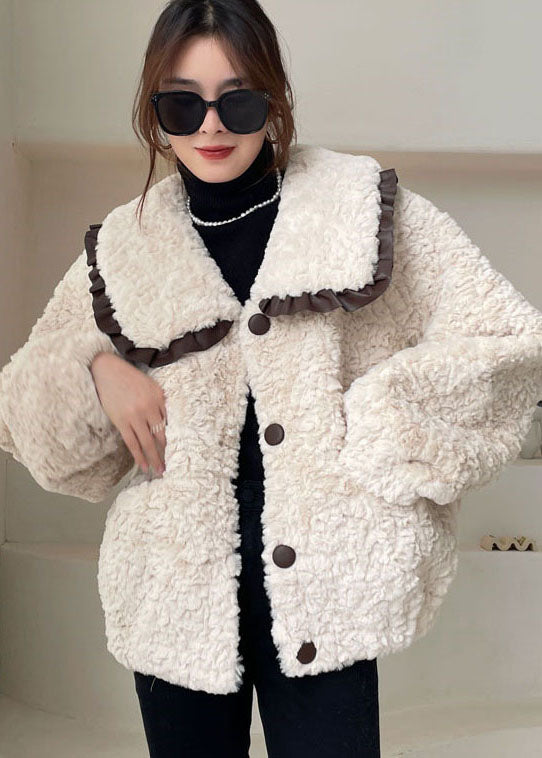 Diy Apricot Peter Pan Collar Button Faux Fur Winter Coat