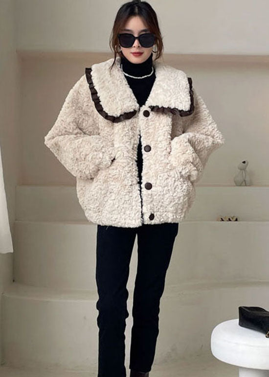 Diy Apricot Peter Pan Collar Button Faux Fur Winter Coat