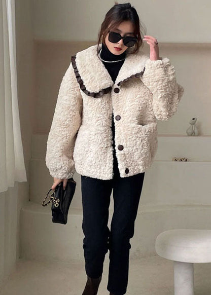 Diy Apricot Peter Pan Collar Button Faux Fur Winter Coat