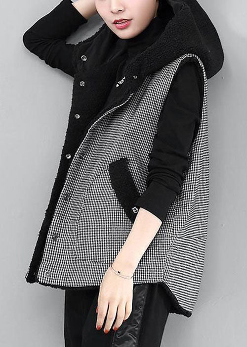 Diy Black Hooded Plaid Patchwork Faux Fur Winter Vest