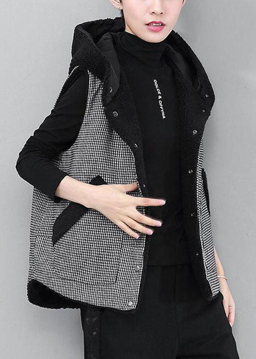 Diy Black Hooded Plaid Patchwork Faux Fur Winter Vest