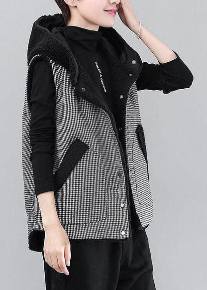 Diy Black Hooded Plaid Patchwork Faux Fur Winter Vest