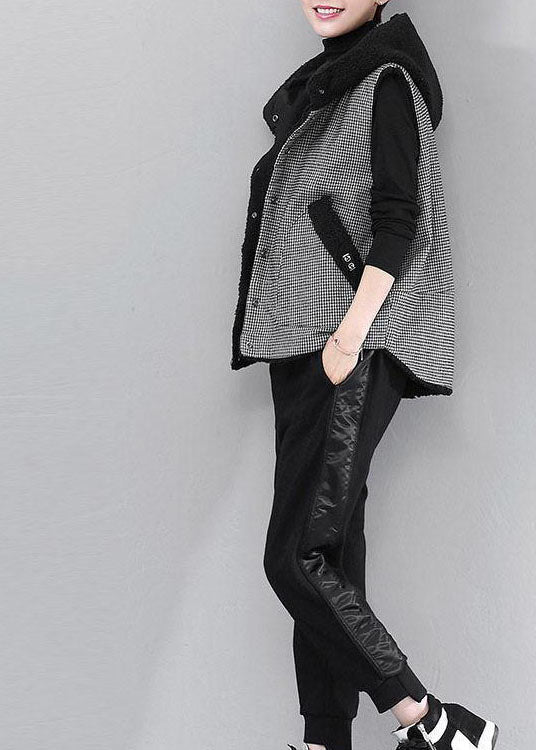 Diy Black Hooded Plaid Patchwork Faux Fur Winter Vest