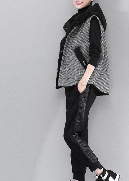 Diy Black Hooded Plaid Patchwork Faux Fur Winter Vest