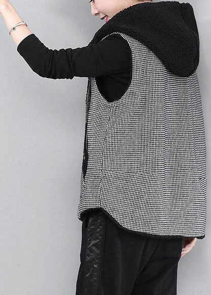 Diy Black Hooded Plaid Patchwork Faux Fur Winter Vest