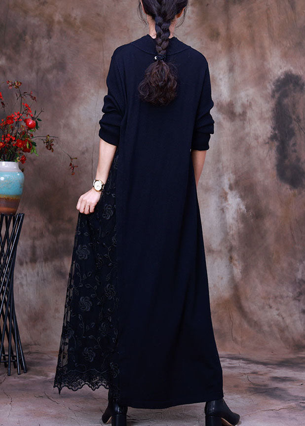 Diy Black Knit Patchwork Fall Long Sleeve Dresses