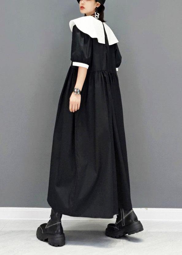 Diy Black Peter Pan Collarbuttonpatchwork Half Sleeve Robe Dresses Fall