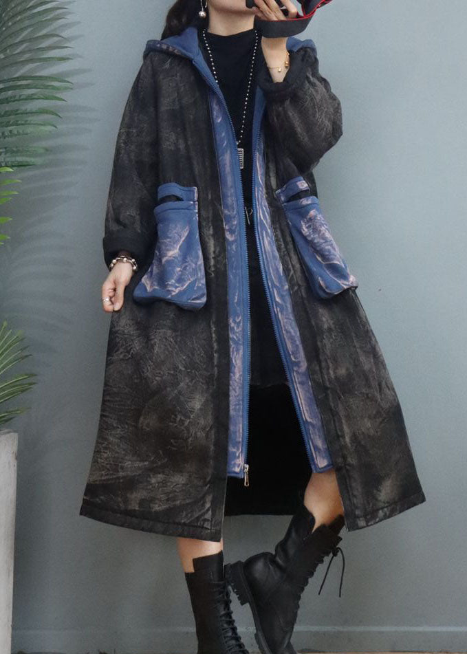 Diy Black Zip Up Patchwork Pockets Fine Cotton Filled Winter Parka