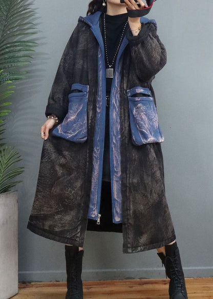 Diy Black Zip Up Patchwork Pockets Fine Cotton Filled Winter Parka