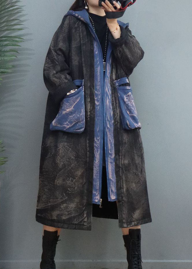 Diy Black Zip Up Patchwork Pockets Fine Cotton Filled Winter Parka
