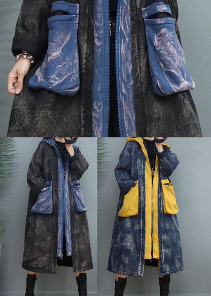 Diy Black Zip Up Patchwork Pockets Fine Cotton Filled Winter Parka