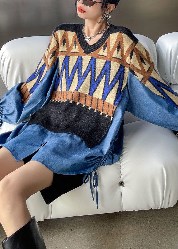 Diy Blue Knit Patchwork Denim Drawstring Fall Sweaters