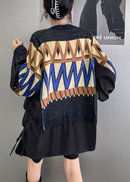 Diy Blue Knit Patchwork Denim Drawstring Fall Sweaters