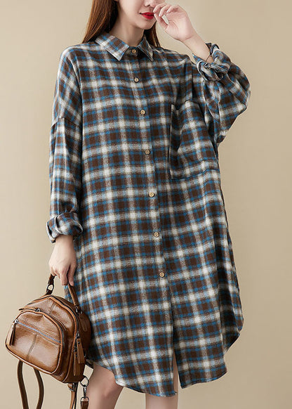 Diy Blue Plaid Peter Pan Collar Button Pockets Fall Long Sleeve Blouse Dresses