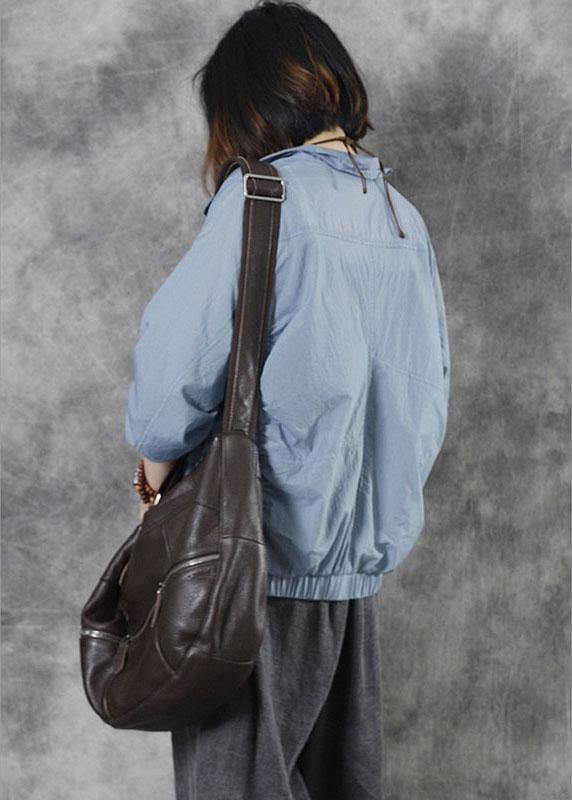 diy Blue Stand Collar Zippered Fall Long Sleeve Top