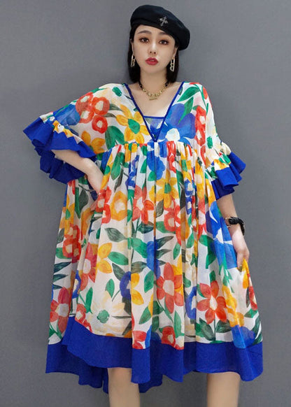 Diy Blue Wrinkled V Neck Print Chiffon Dresses Summer