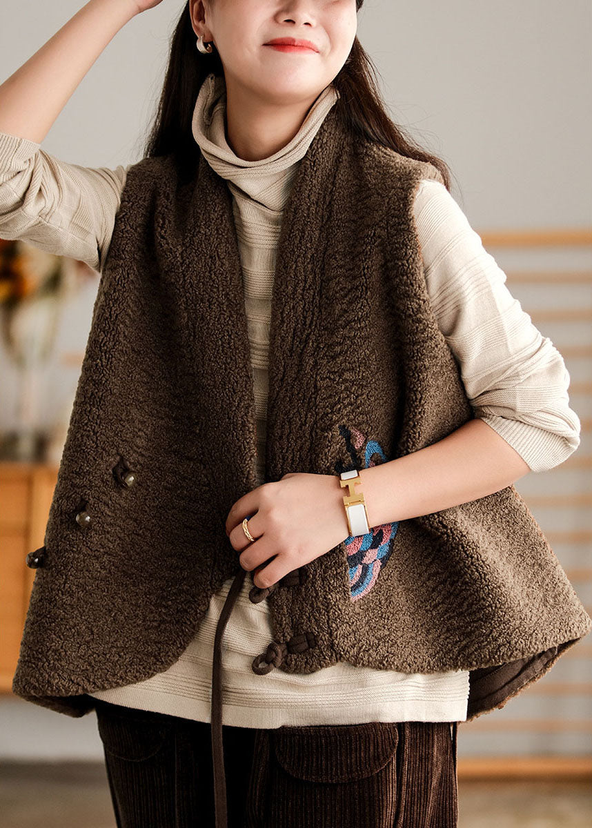 Diy Chocolate Embroideried Asymmetrical Design Faux Fur Vest Sleeveless