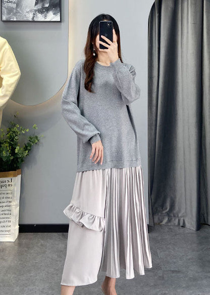 Diy Grey Ruffled Patchwork Knit Dresses Winter